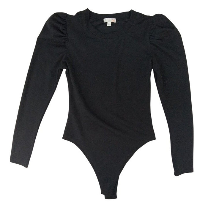 Black Puff Sleeve Ribbed Bodysuit Long Sleeve Thong Snap Closure Women0