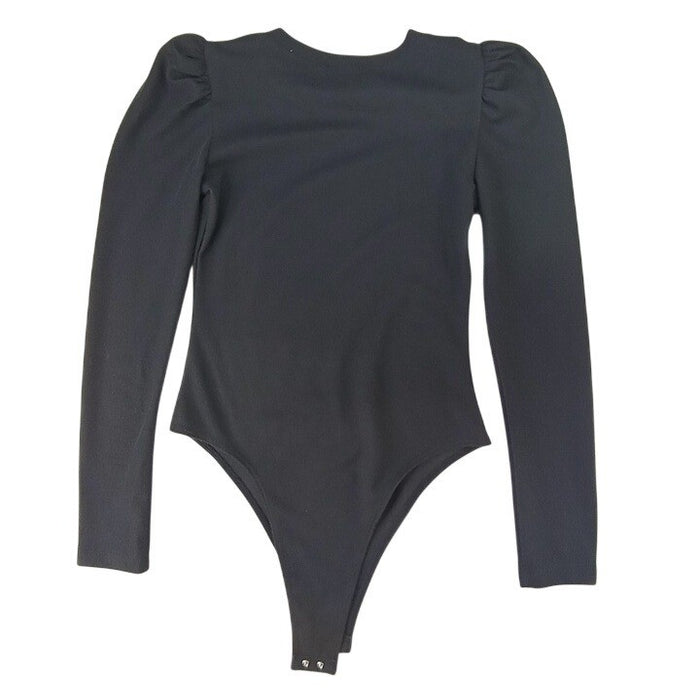 Black Puff Sleeve Ribbed Bodysuit Long Sleeve Thong Snap Closure Women2