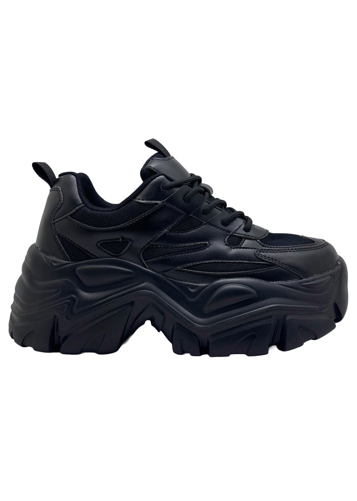 Berness BLAIR 06 Pitch Black Rave Platform Sneakers in black vegan leather with chunky platform outsole and lace-up closure — front view