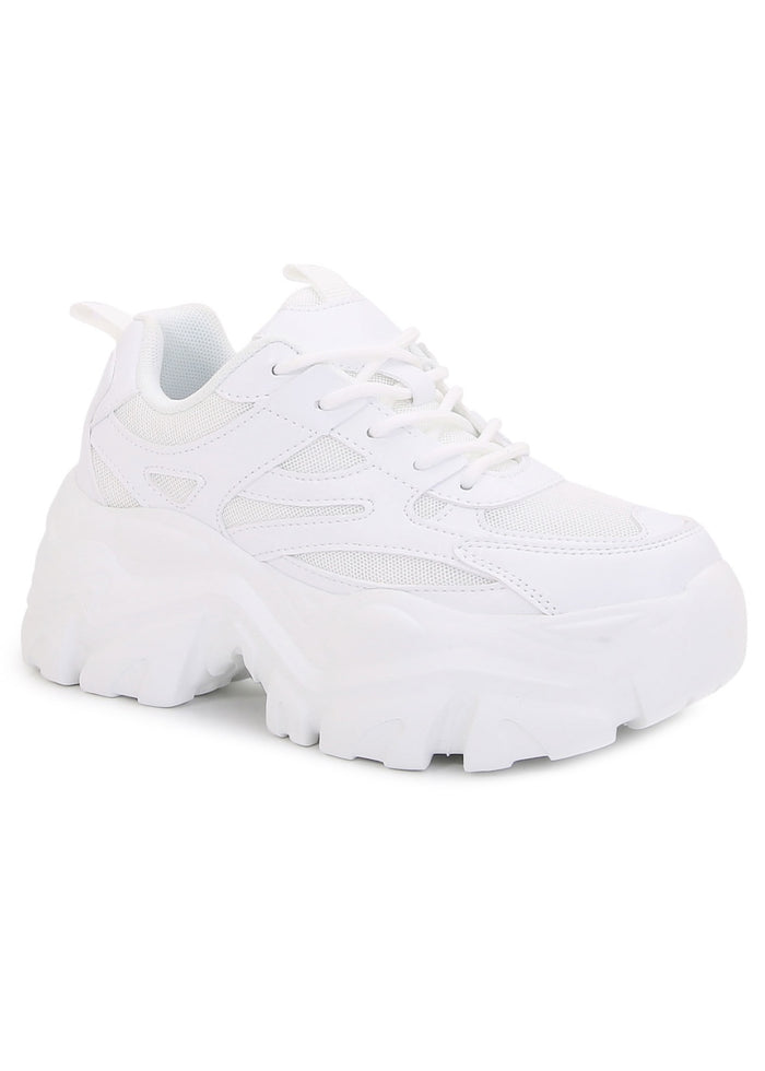 Berness BLAIR 06 White Beam White Rave Platform Sneakers in white vegan leather with chunky platform sole and lace-up closure worn by model — front view