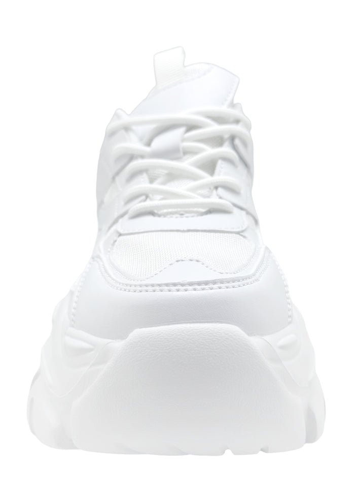 Berness BLAIR 06 White Beam White Rave Platform Sneakers in white vegan leather with chunky platform outsole worn by model — side view