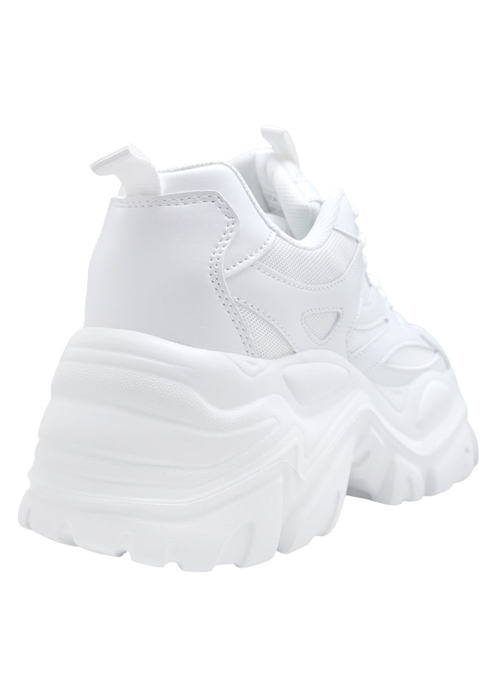 Berness BLAIR 06 White Beam White Rave Platform Sneakers in white vegan leather showing chunky platform height and traction outsole — back view