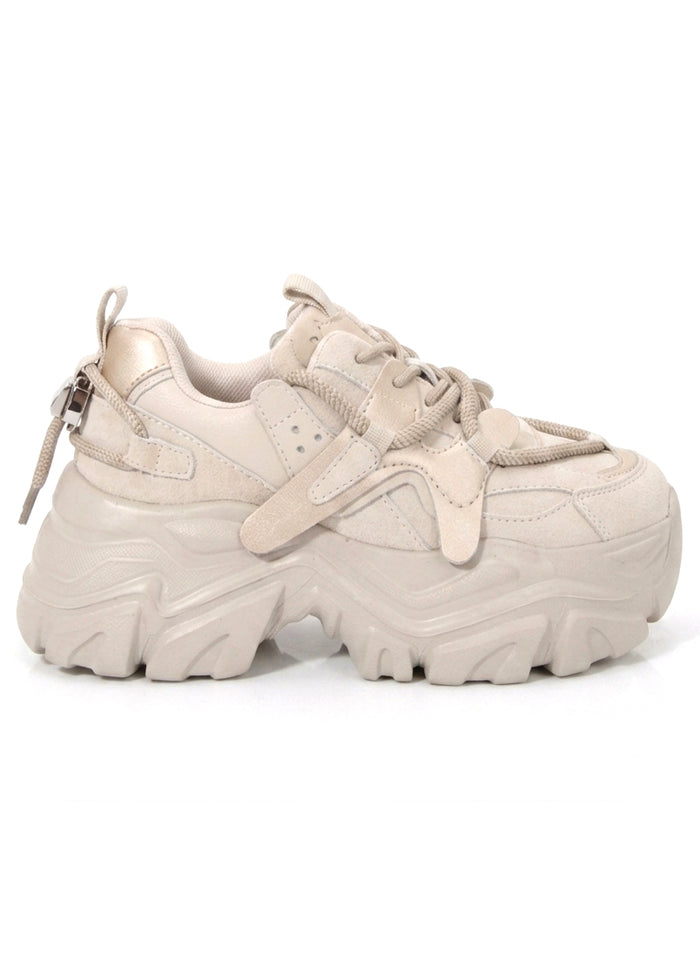 Berness Bloom Beige Rave Platform Sneakers featuring a chunky sculpted platform sole, multi-textured beige upper, and decorative utility cord accents.
