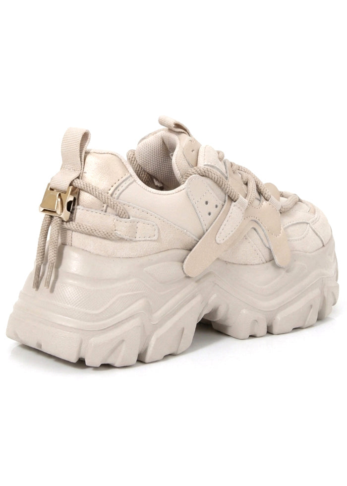 Rear quarter view of Berness Bloom Beige platform sneaker highlighting the metallic buckle heel pull-tab hardware and chunky tread design.