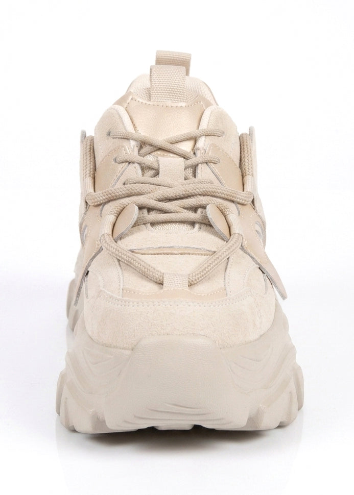 Front studio shot of Berness Bloom Beige Rave Platform Sneakers highlighting the stacked platform sole and chunky technical upper layout.
