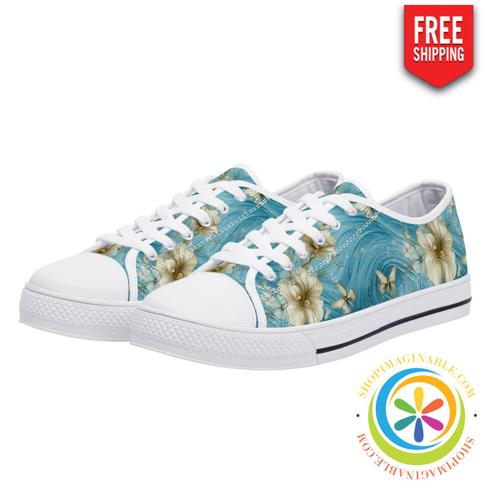 Blue Butterfly Floral Ladies Low Top Canvas Shoes-ShopImaginable.com