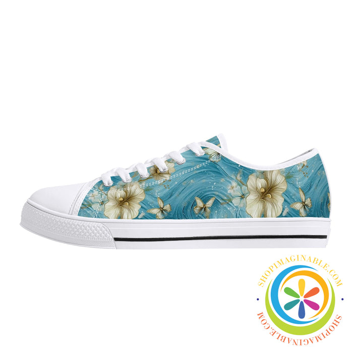 Blue Butterfly Floral Ladies Low Top Canvas Shoes-ShopImaginable.com