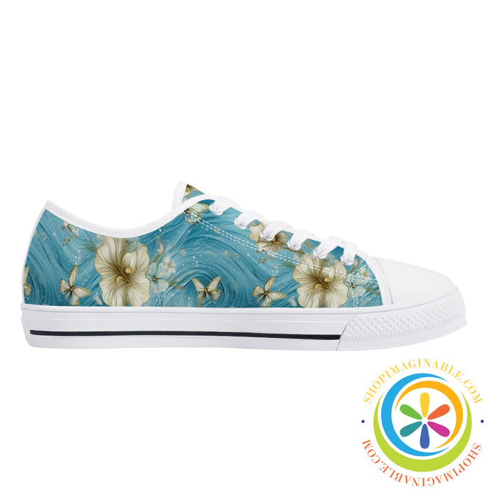 Blue Butterfly Floral Ladies Low Top Canvas Shoes-ShopImaginable.com