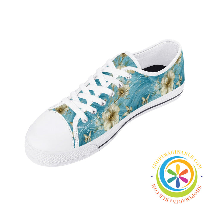 Blue Butterfly Floral Ladies Low Top Canvas Shoes-ShopImaginable.com