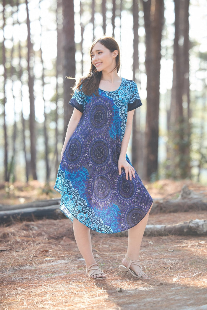 Blue Rose Circle Fabric Dress with Sleeves and Two Pockets - Lannaclothesdesign Shop