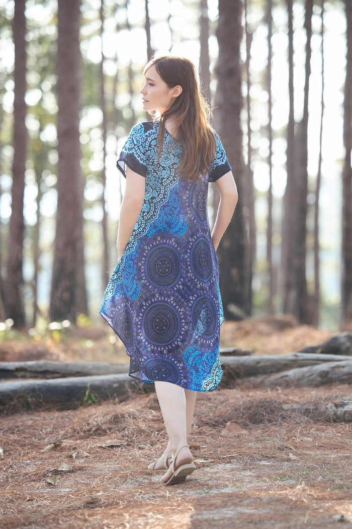 Blue Rose Circle Fabric Dress with Sleeves and Two Pockets - Lannaclothesdesign Shop