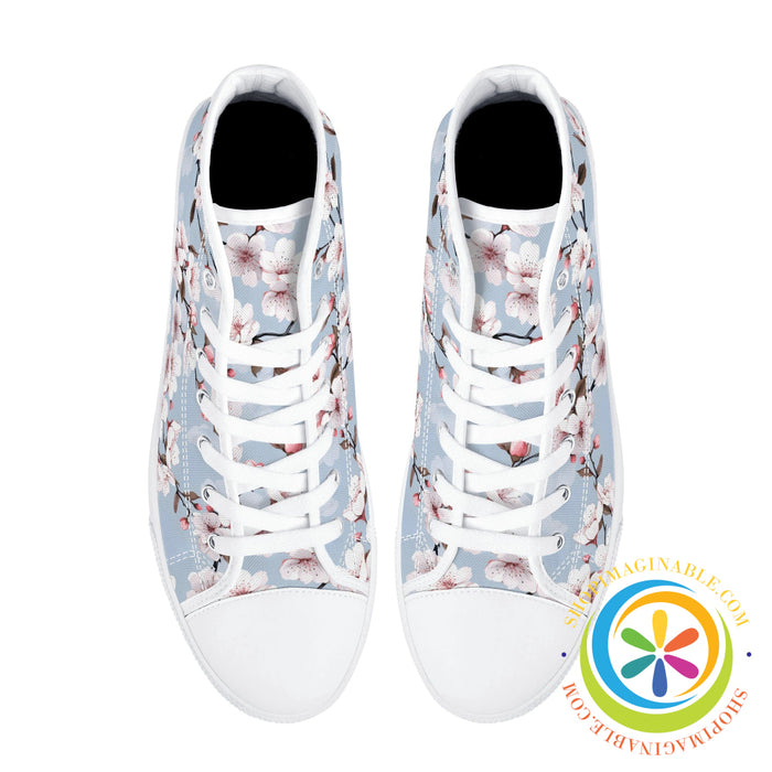 Blue Sky Cherry Blossoms Ladies High Top Canvas Shoes
