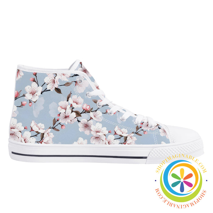 Blue Sky Cherry Blossoms Ladies High Top Canvas Shoes
