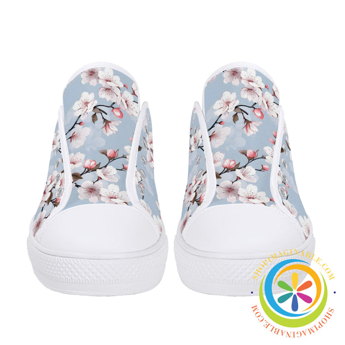 Blue Sky Cherry Blossoms Ladies Low Top Canvas Shoes