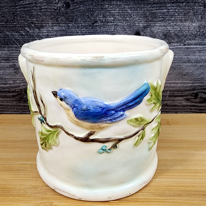 Bluebird Branch Ceramic Rustic Planter 5" Canister Woodcut Farmhouse Blue Sky