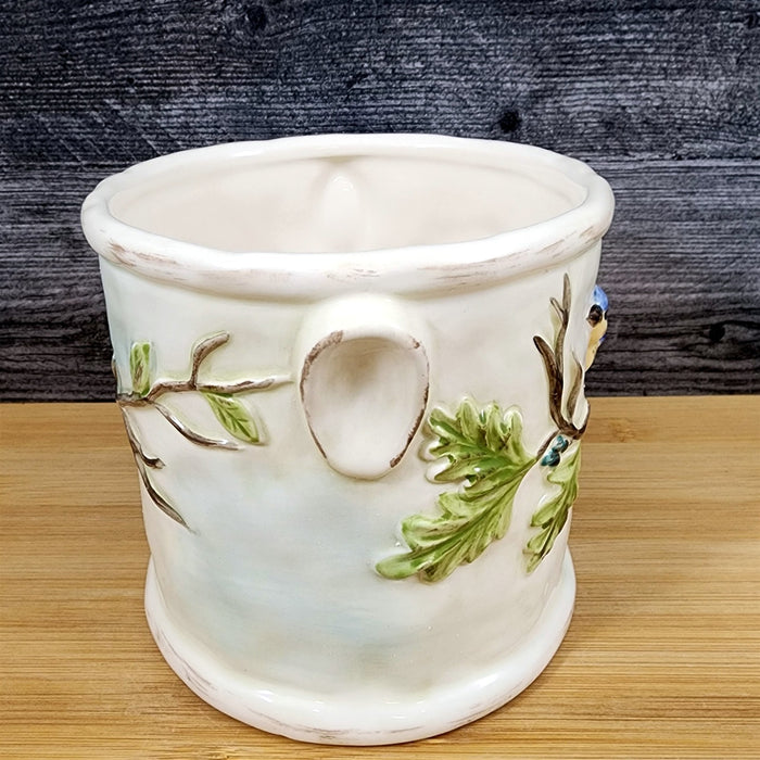 Bluebird Branch Ceramic Rustic Planter 5" Canister Woodcut Farmhouse Blue Sky