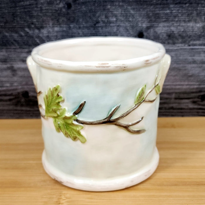 Bluebird Branch Ceramic Rustic Planter 5" Canister Woodcut Farmhouse Blue Sky