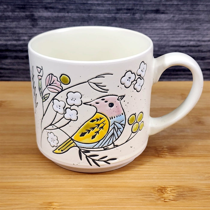 Botanical Bird Coffee Mug Pastel Yellow & Pink Ceramic Tea Cup Floral Blue Sky