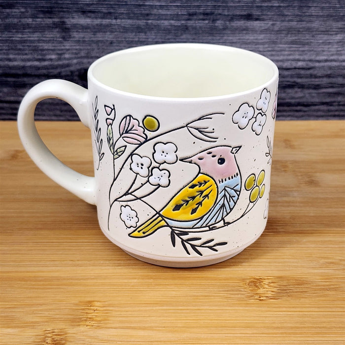 Botanical Bird Coffee Mug Pastel Yellow & Pink Ceramic Tea Cup Floral Blue Sky