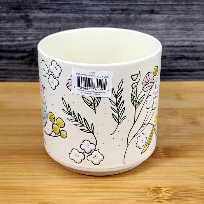 Botanical Bird Coffee Mug Pastel Yellow & Pink Ceramic Tea Cup Floral Blue Sky