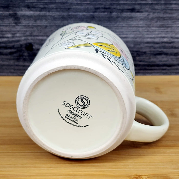 Botanical Bird Coffee Mug Pastel Yellow & Pink Ceramic Tea Cup Floral Blue Sky