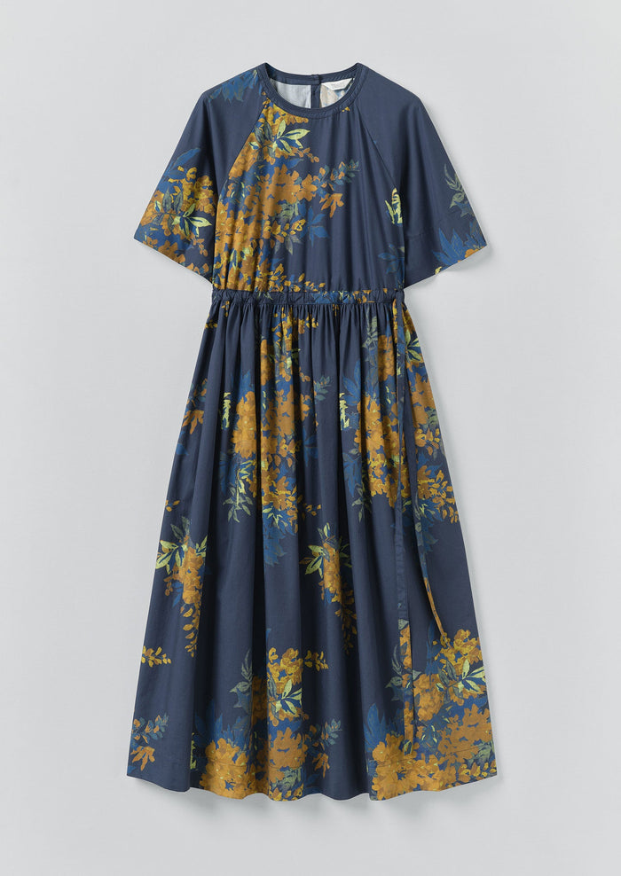Botanical Shadow Print Cotton Dress | Shadow Blue