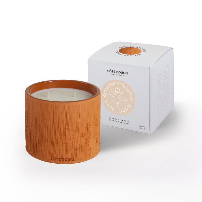 BOUGIE COUPE STRIEE TERRACOTA M/ AMBRE MANDARINE