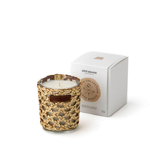 BOUGIE RAPHIA CUIR YARA S/ ROSE OUD MANDARINE MAJORELLE