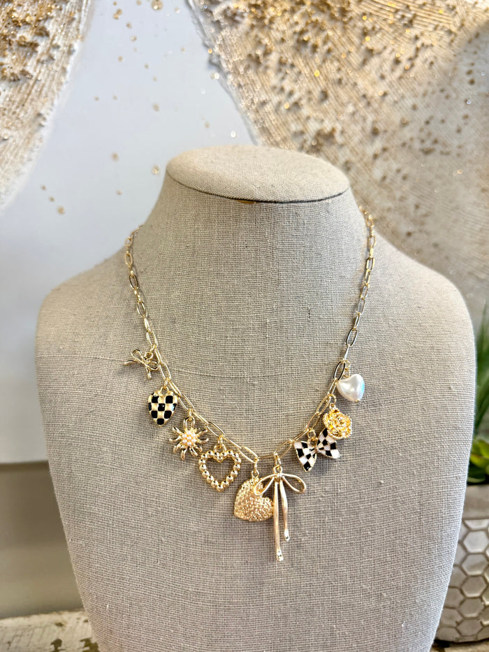 Bow Checker Heart Floral Charm Necklace