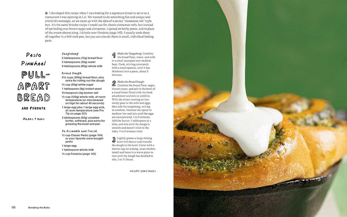 A two-page spread from a cookbook showing the recipe for Pasta Pompadour Pull-Apart Bread. The left page contains the ingredients and step-by-step instructions in black text on a white background.