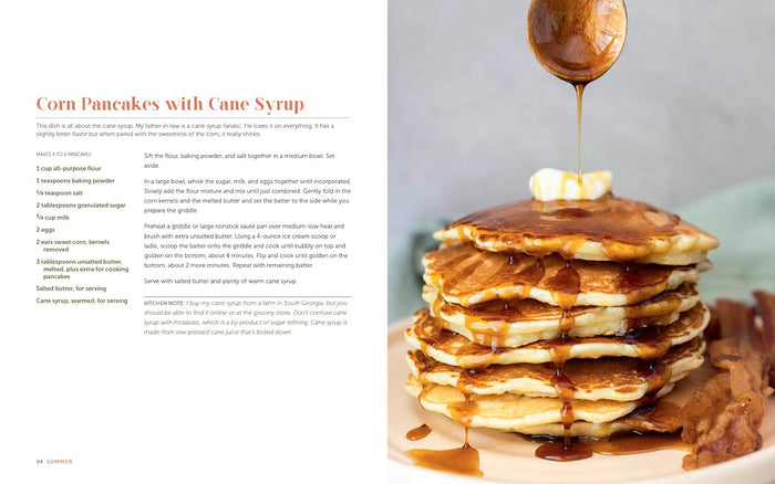 Stack of corn pancakes with syrup and butter on a plate, accompanied by a recipe text on the left.