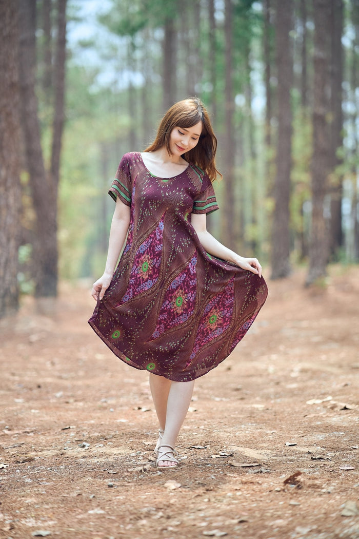 Burgundy Flower Eye Dress with Sleeves and Two Pockets - Lannaclothesdesign Shop