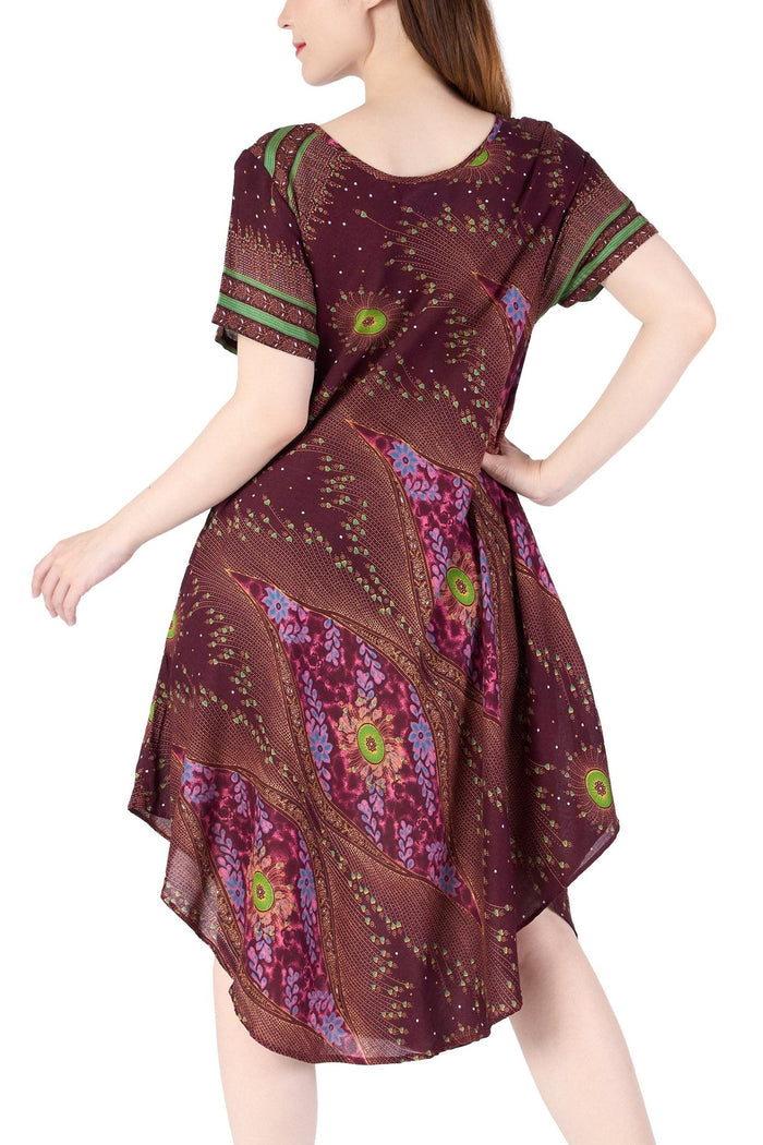 Burgundy Flower Eye Dress with Sleeves and Two Pockets - Lannaclothesdesign Shop