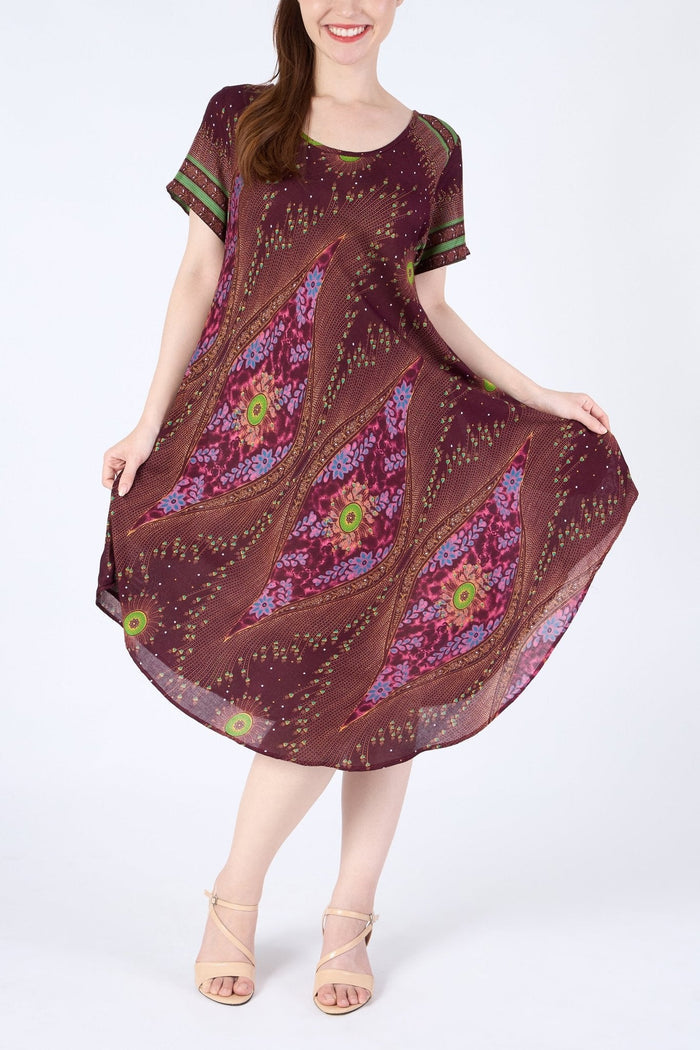 Burgundy Flower Eye Dress with Sleeves and Two Pockets - Lannaclothesdesign Shop