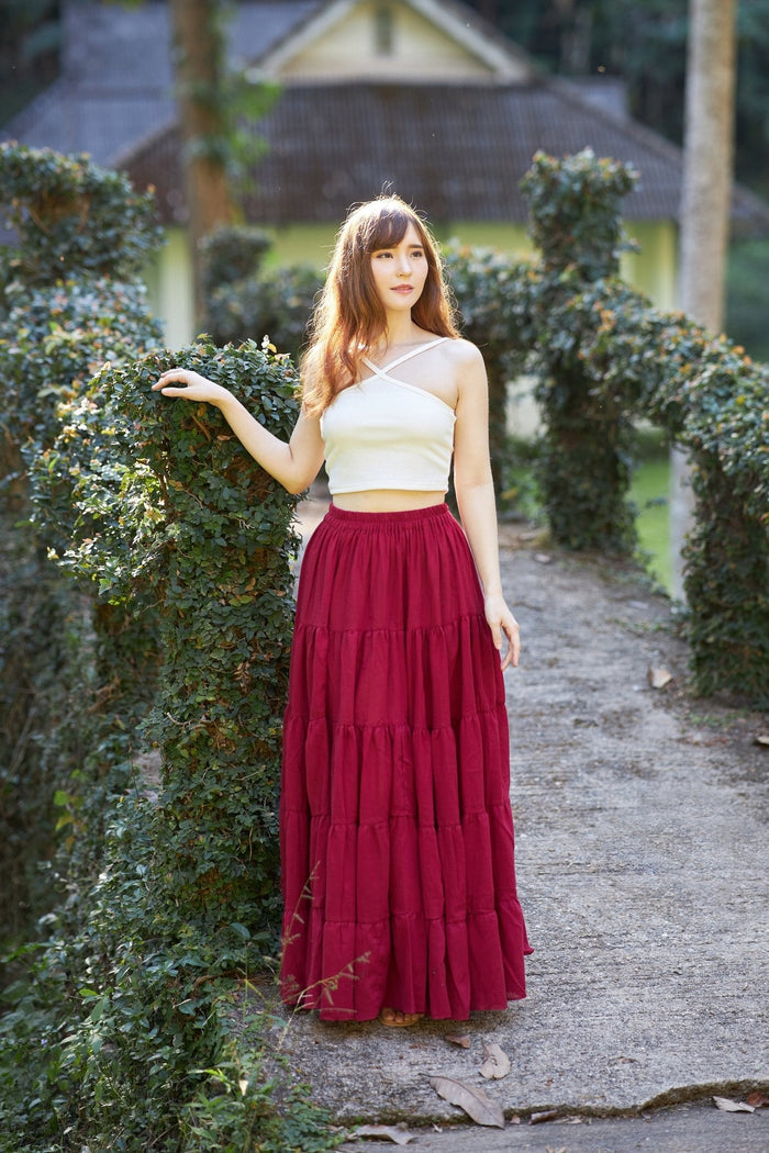 Burgundy Long Cotton Ruffle Maxi Skirt - Lannaclothesdesign Shop