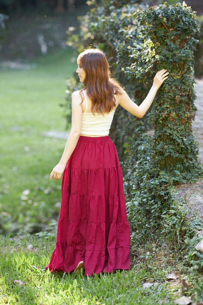 Burgundy Long Cotton Ruffle Maxi Skirt - Lannaclothesdesign Shop