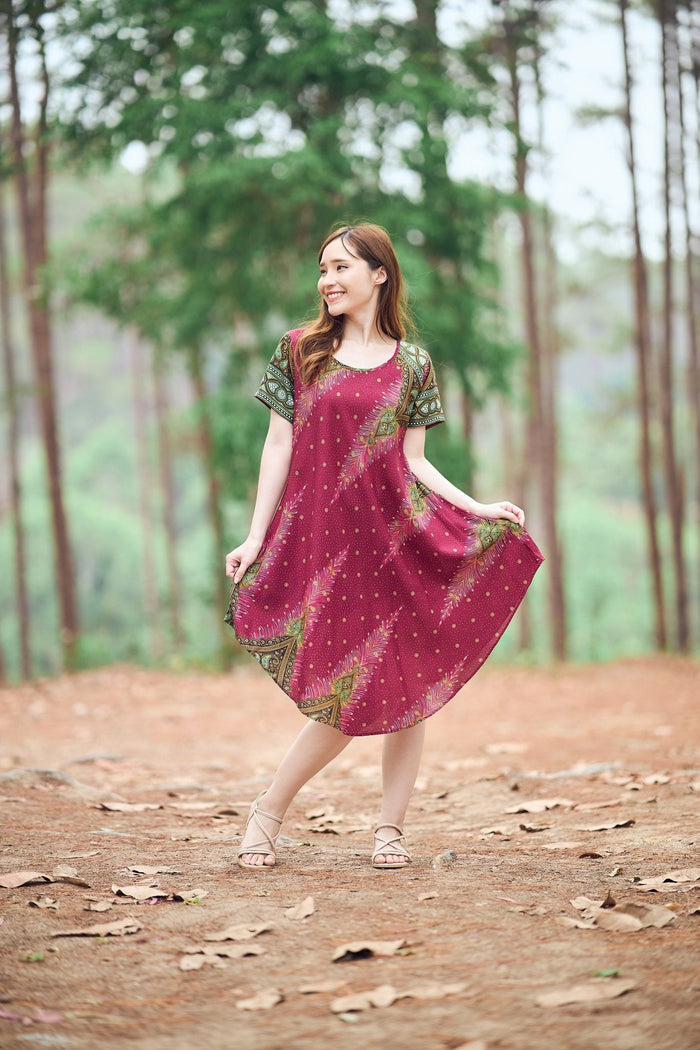 Burgundy Peacock Fabric Dress with Sleeves and Two Pockets - Lannaclothesdesign Shop