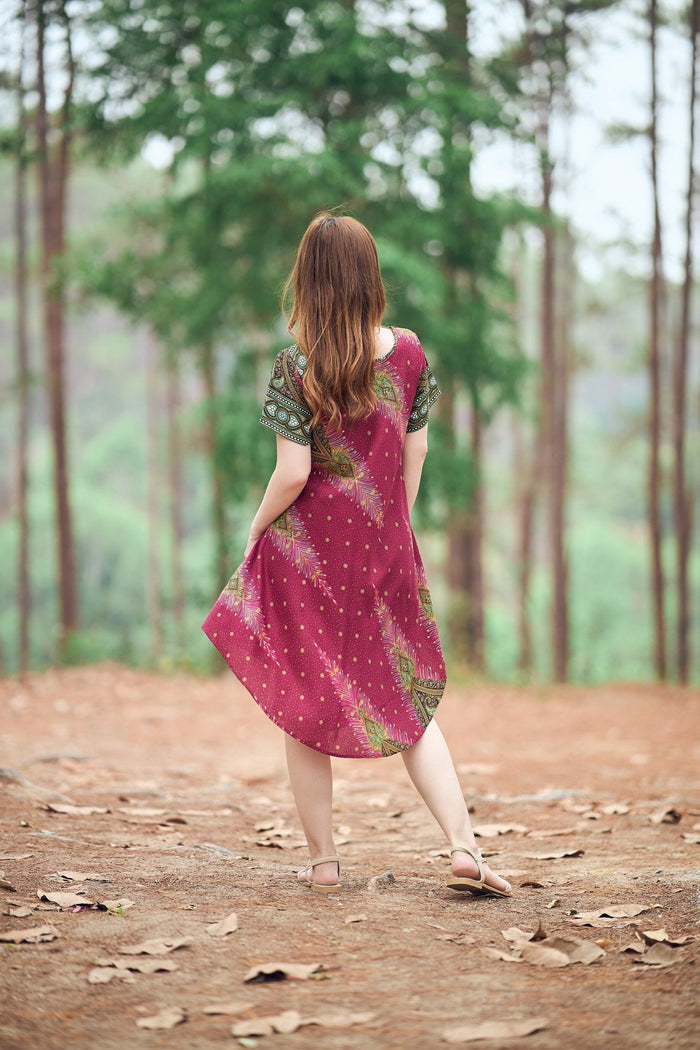Burgundy Peacock Fabric Dress with Sleeves and Two Pockets - Lannaclothesdesign Shop