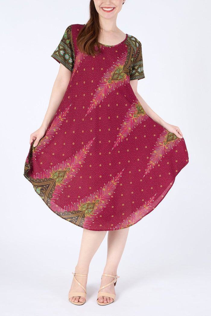 Burgundy Peacock Fabric Dress with Sleeves and Two Pockets - Lannaclothesdesign Shop