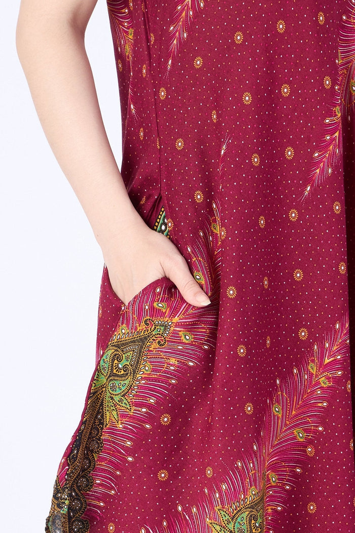 Burgundy Peacock Fabric Dress with Sleeves and Two Pockets - Lannaclothesdesign Shop