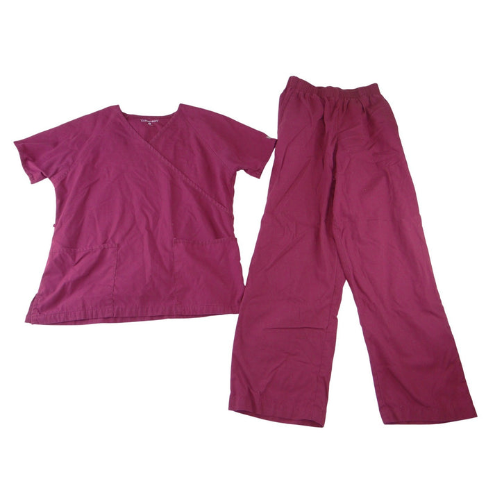 Butter Soft Womens Scrub Set Burgundy V Neck Top Elastic Waist Pants Size Small0
