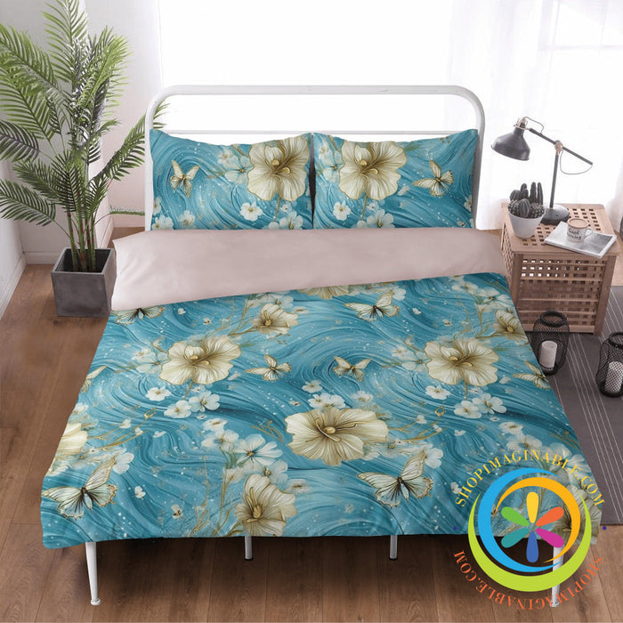 Butterfly Floral Love Heart Bedding Set Beige / Us Twin