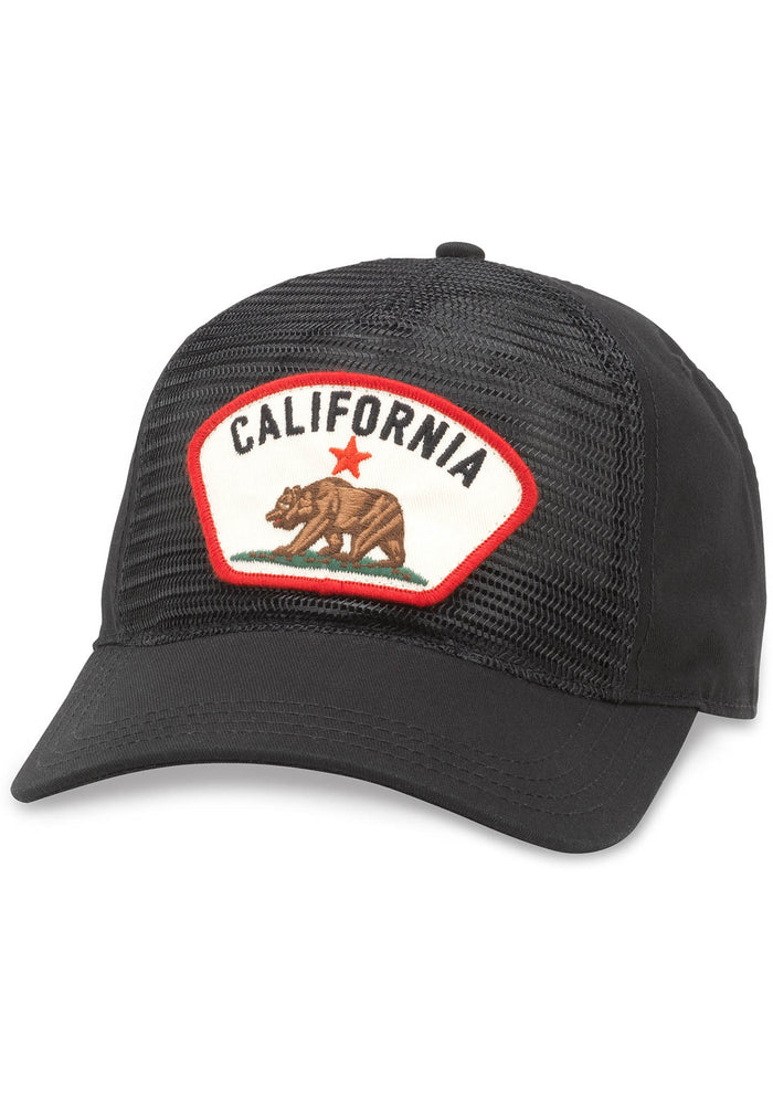 American Needle Cali Durham Brim Hat in black with embroidered California flag logo and mesh netting on tonal cotton twill festival baseball cap — front view