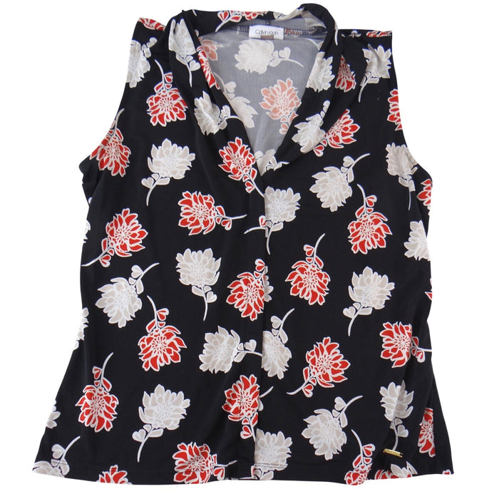 Calvin Klein Womens Black Red Floral Sleeveless V Neck Blouse Size Large0