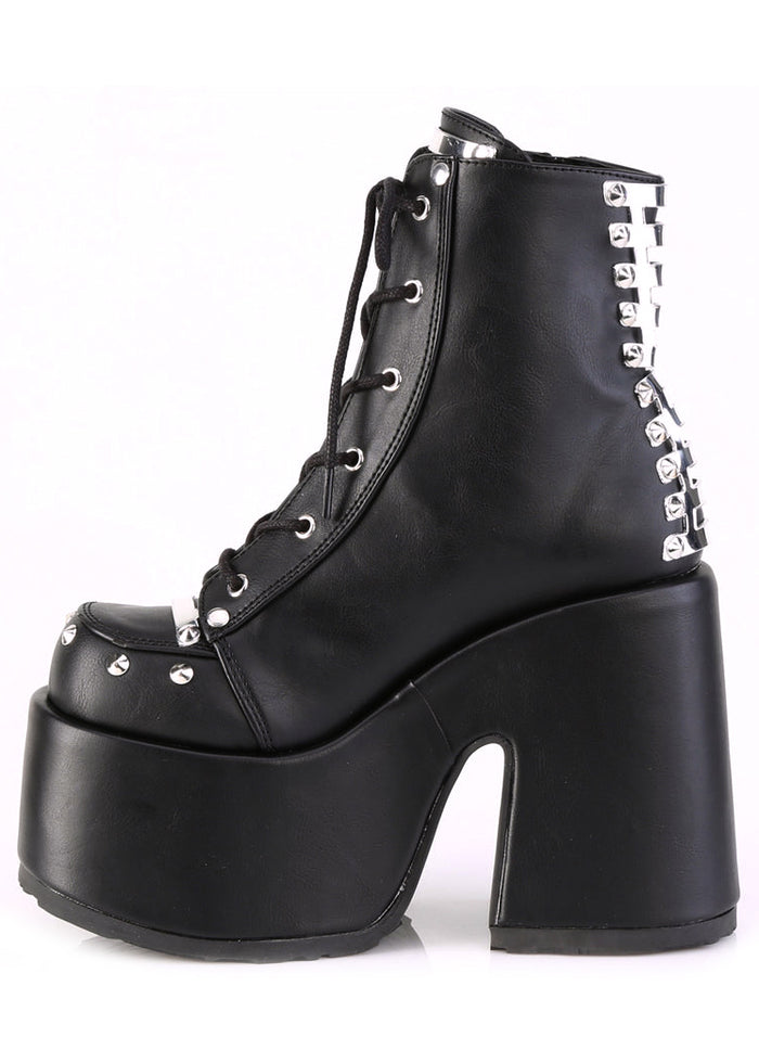Demonia CAMEL 208 Punk Goth Black Rave Platform Boots in black vegan leather showing silver metal chain and star charm detail — detail shot
