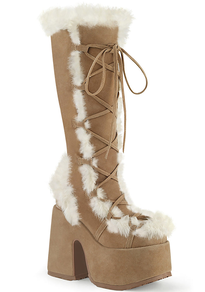 Demonia CAMEL 311 Primal Desire Brown Platform Boots in caramel vegan suede with faux fur lining and lace-up front — front view