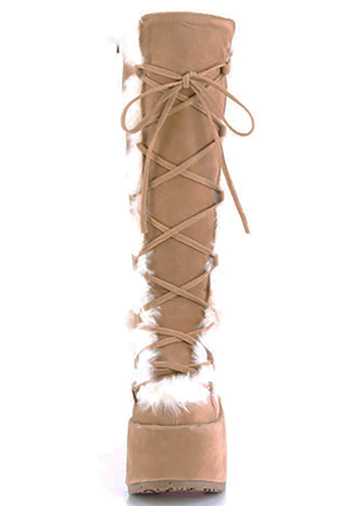 Demonia CAMEL 311 Primal Desire Brown Platform Boots in caramel vegan suede showing 3 inch platform height and faux fur lining detail — side view