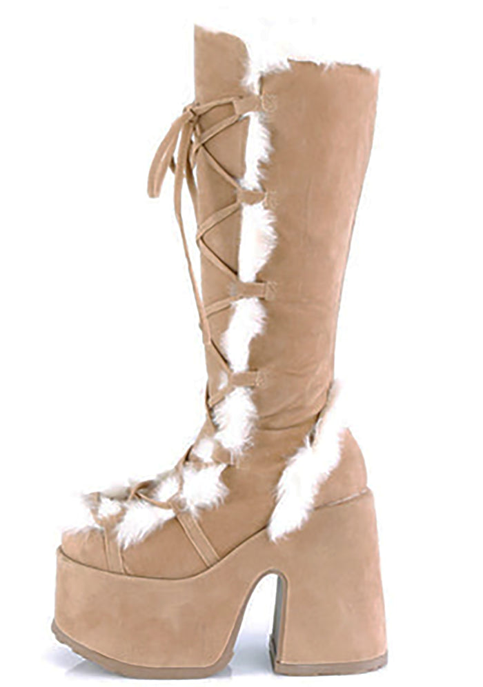 Demonia CAMEL 311 Primal Desire Brown Platform Boots in caramel vegan suede showing faux fur trim and inner side zipper closure — detail shot