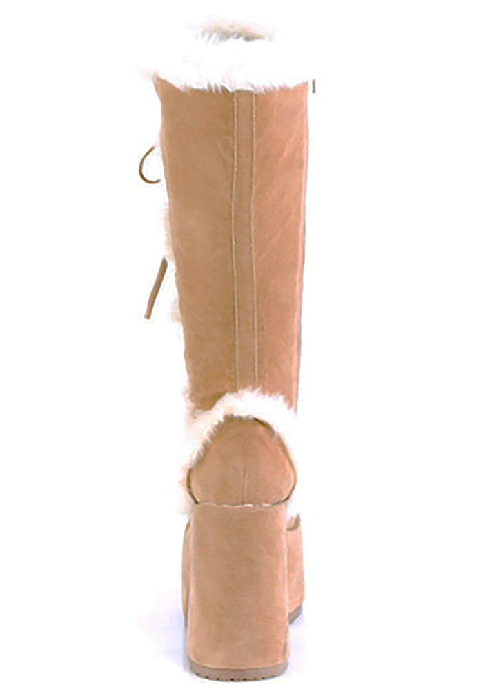 Demonia CAMEL 311 Primal Desire Brown Platform Boots in caramel vegan suede showing full back view with inner zipper and platform outsole — back view