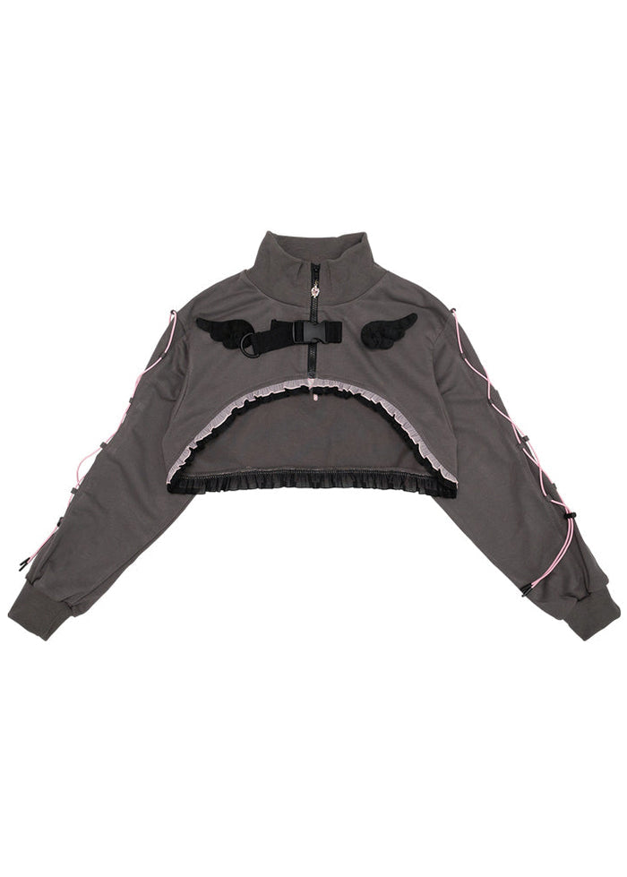 ACDC Rag Capsule Bunny Heart Hack Grey/Pink Crop Jacket in grey with removable velvet angel wing pin on rave festival crop jacket — front flat lay